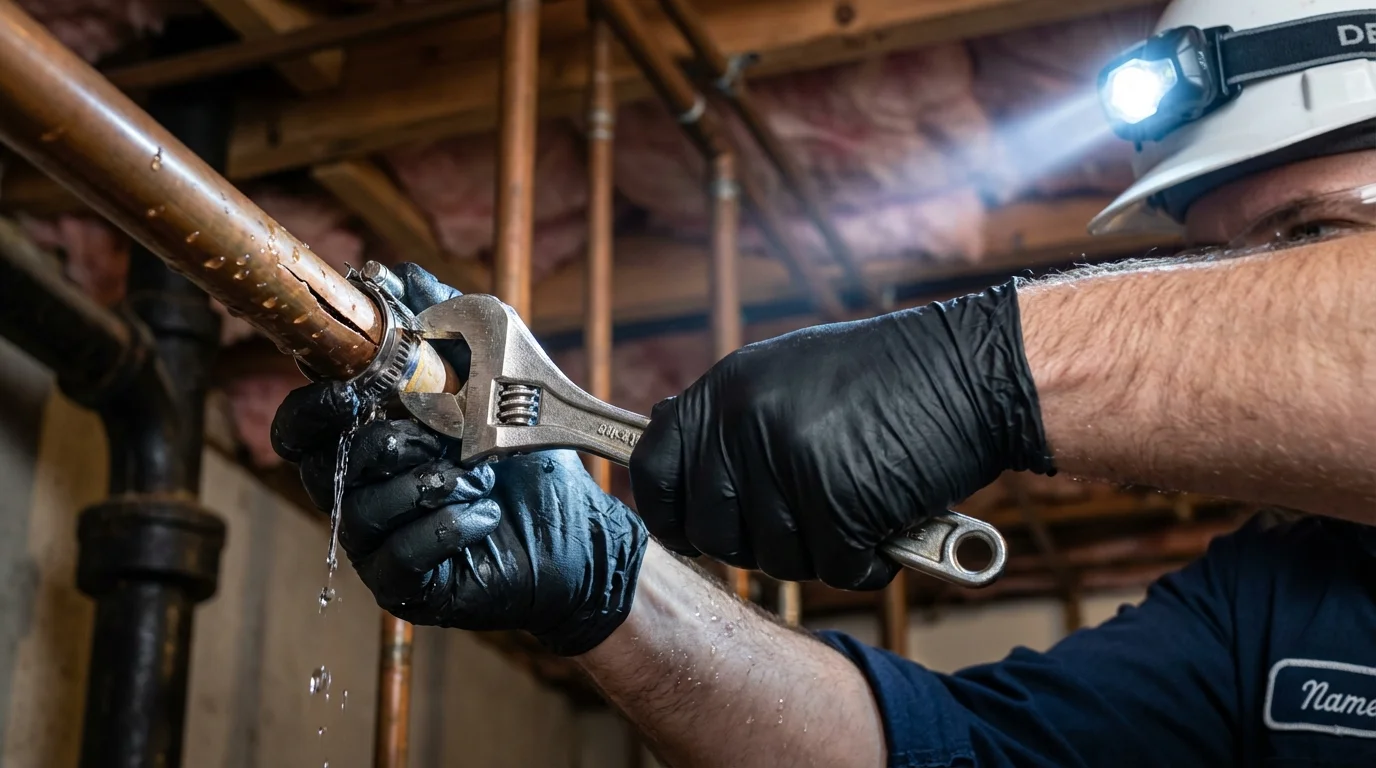Emergency pipe clamp repair being performed by a Johns Plumbing LLC plumber in Vieques