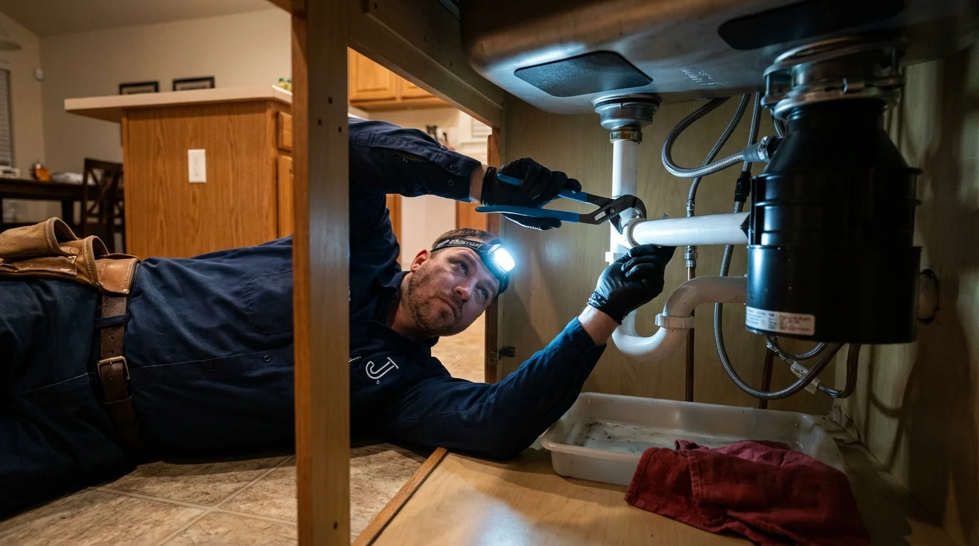 P-trap and supply line connections under a kitchen sink showing a common leak point in Vieques, PR